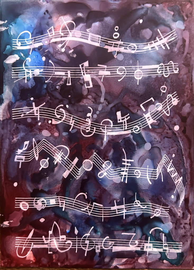 White musical notation over purple, blue and burgundy alcohol ink
